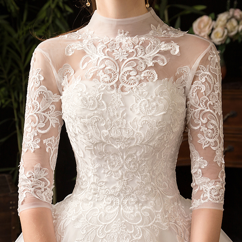 Half Sleeve wedding Dress with 100cm Train Vestido De Novia New Winter vintage High Neck Backless Lace Ball Gown Plus Size