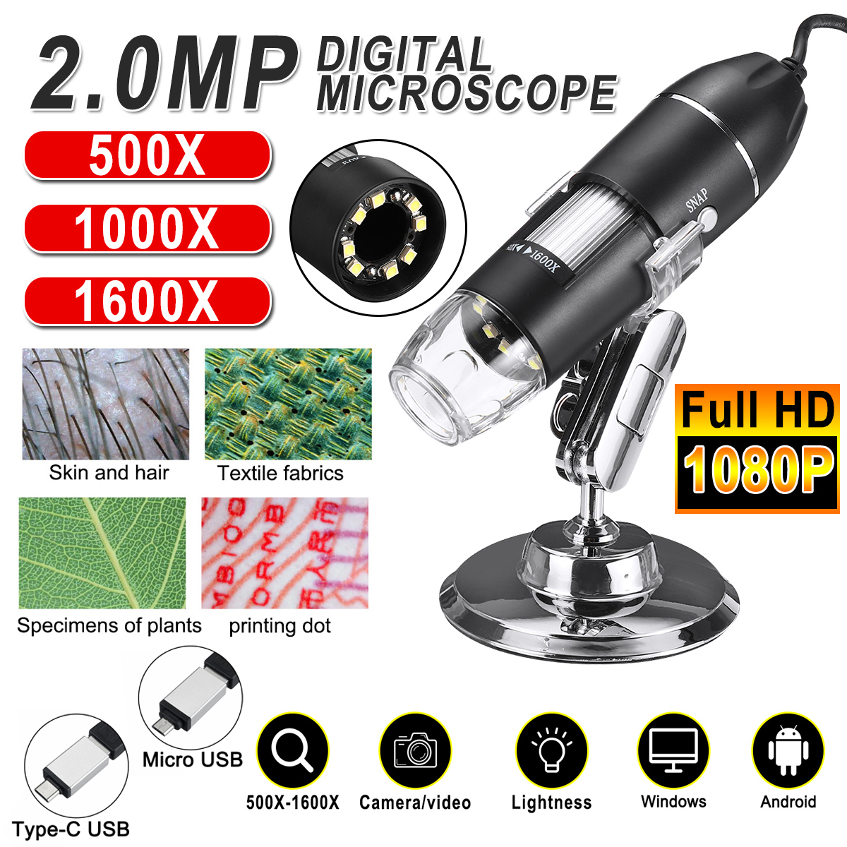 Adjustable 1600X 2MP 1080P 8 LED Digital Microscope Type-C/Micro USB Magnifier Electronic Stereo USB Endoscope For Phone PC
Adjustable 1600X 2MP 1080P 8 LED Digital Microscope Type-C/Micro USB Magnifier Electronic Stereo USB Endoscope For Phone PC
