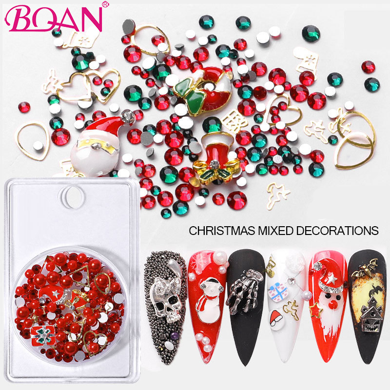 BQAN Nail Ornaments Xmas Halloween 3D Alloy Nail Art Flakes Snowflake Pearl DIY Christmas Series Mixed Decorations