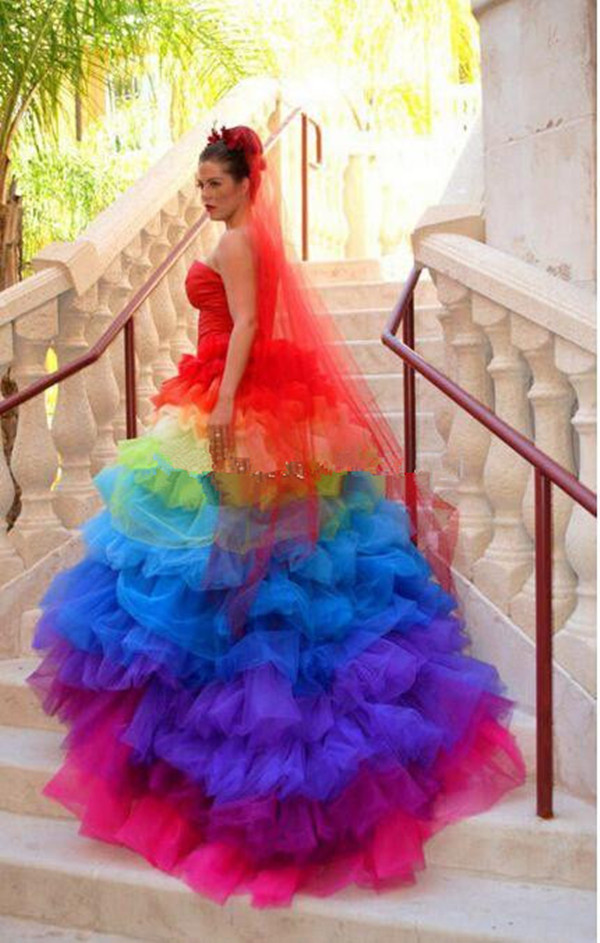 Exotic Sweetheart Red Blue Colorful Tulle Rainbow Gothic Wedding Dresses Custom made Cascading Ruffles Plus Bridal Gown