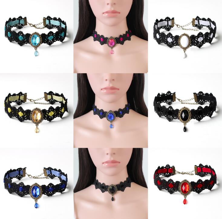 Ethnic style explosive jewelry Gothic choker lace neckband collar velvet vintage gemstone clavicle chain WY1579