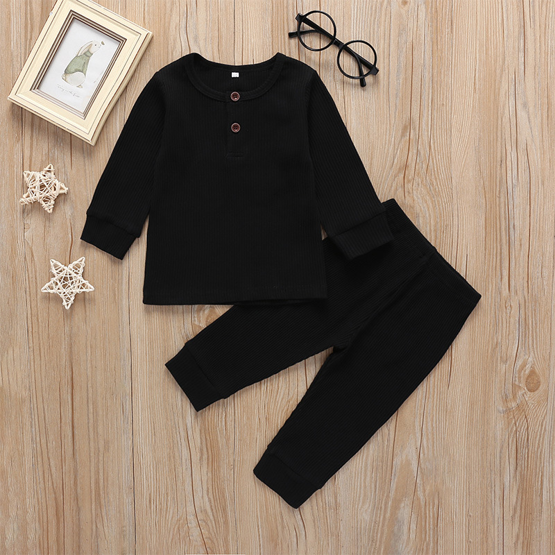 2020 New Arrival Spring Baby Boys Girls Tracksuit Children Solid Ribbed Cotton Clothing Set Infant Toddler Sleepwear Pajamas setX1019