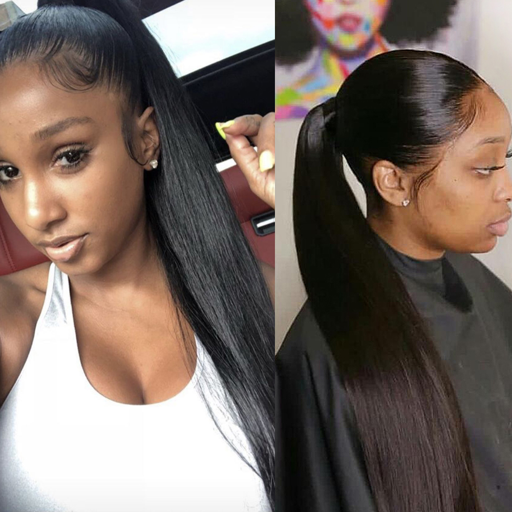 #1 Jet black Ponytail Extension Clip in Pony tail 100% Remy Human Hair Wrap Around Ponytail 16" Straight Ponytail Hairpiece