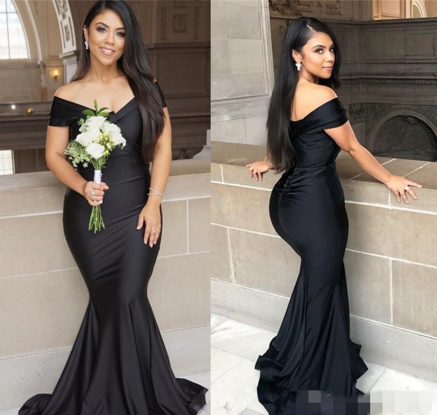 Black Bridesmaid Dresses 2021 Mermaid Jersey Ruched Pleats Custom Made Plus Size Maid Of Honor Gown Sweep Train Country Wedding Formal Wear 0513