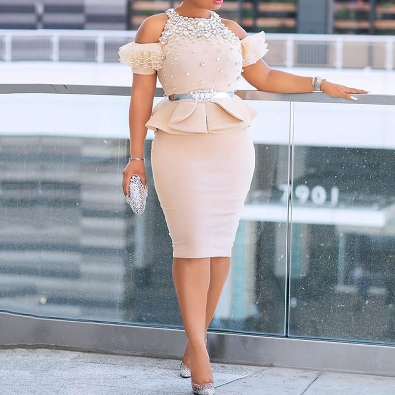 Beading Diamond Cold Shoulder Ruffles Peplum Dress Women High Waist Tunic Bodycon Evening Party Falbala 2 Pieces Sets Dres MX200804