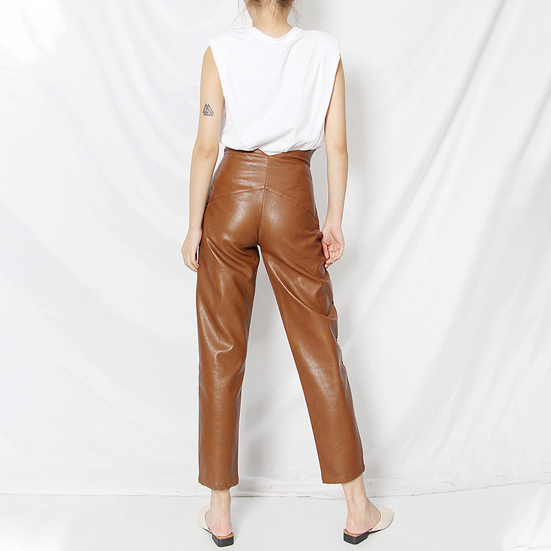 GOPLUS Pants Women High Waisted PU Leather Straight Pants Vintage Black Green Brown Trousers Pantalones Femme Bombachos Mujer