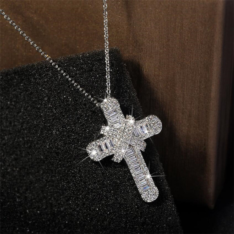 Sterg Sier Cross Pendant Necklace with White Sapphire CZ Dia for Women - Hip Hop Vintage Fashion Jewelry 491a