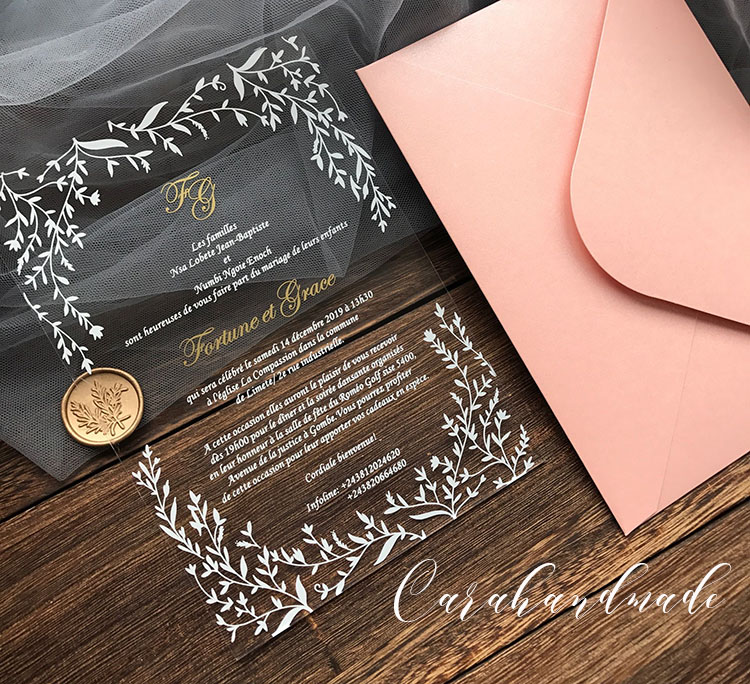 CA0967 Customized acrylic wedding invitation with leaves design 
CA0967 Customized acrylic wedding invitation with leaves design