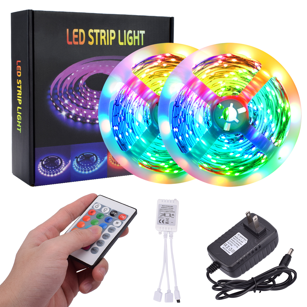 Energy-saving Plastic led strip lights 300-LED SMD3528 24W RGB IR44 Light Strip Set with IR Remote Controller