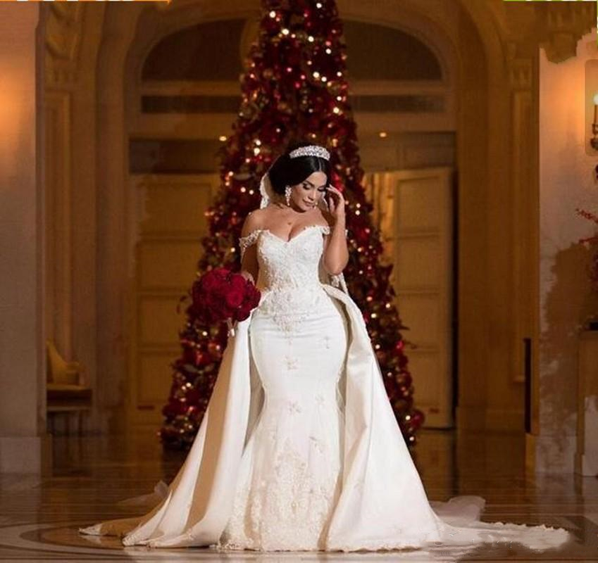 Sexy Off Shoulder Mermaid Wedding Dresses Bridal Gowns With Detachable Train Overskirts Modern Arabic African Lace Applique Beads Dress