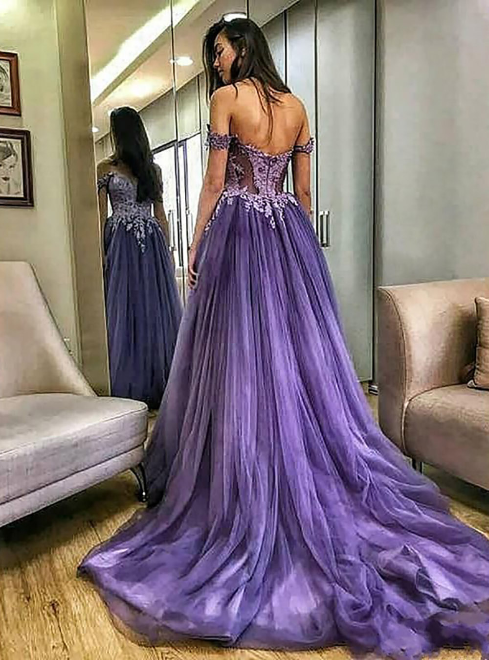 Off The Shoulder Prom Dresses Party A-line Tulle Islamic Dubai Kaftan Saudi Arabic Long Formal Dress Purple Evening Gown