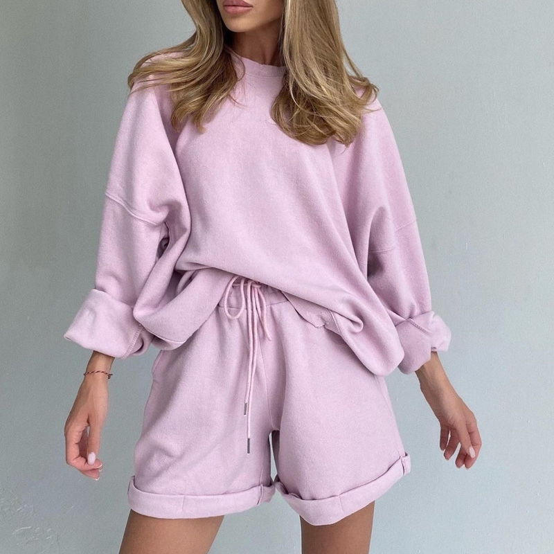 2020 Womens Tracksuits 2 Piece Set Autumn Oversize Sweatshirt Sporting Shorts Sweat Set Two Piece Outfit Solid Color Sets T200826
