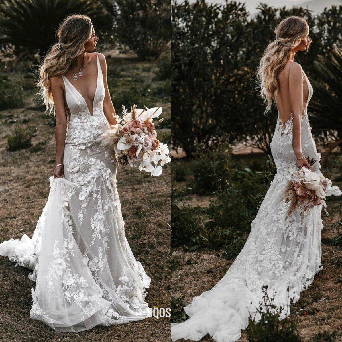 country mermaid wedding dresses 3d floral lace appliqued sexy deep v neck backless court train ivory vintage bridal gowns