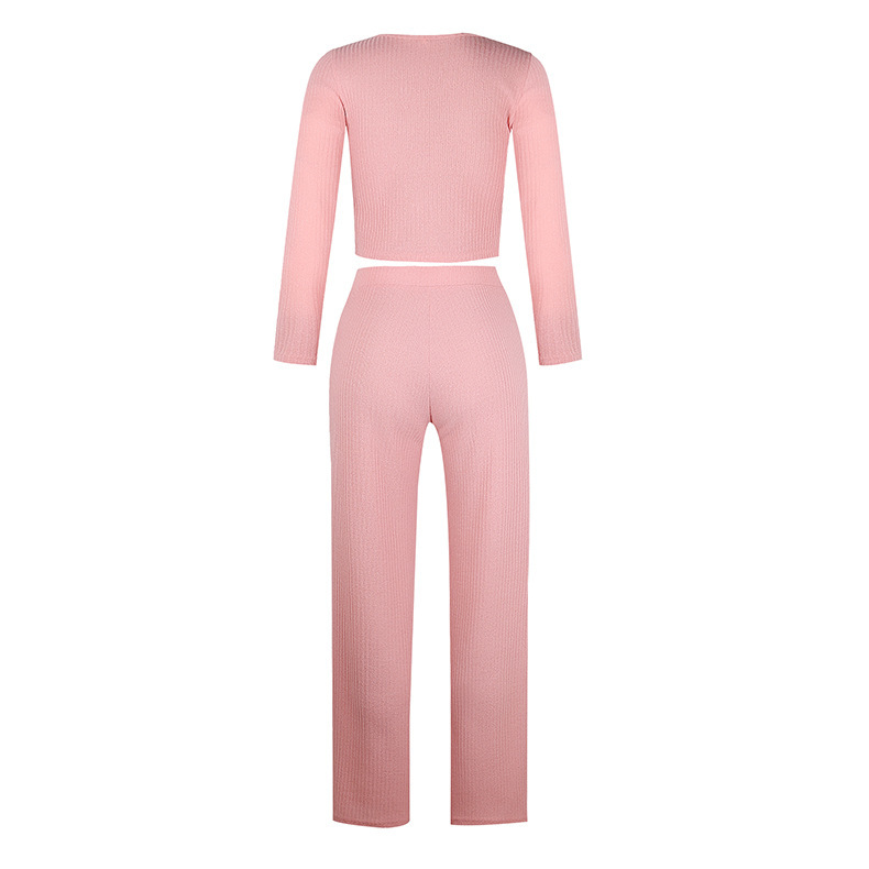 Cardigan Slim Two Piece Set Women Knitted Tracksuit Sexy Crop Top Pants Solid Color Sweatpants Fitness Sweatsuit 2020 Fall T200821