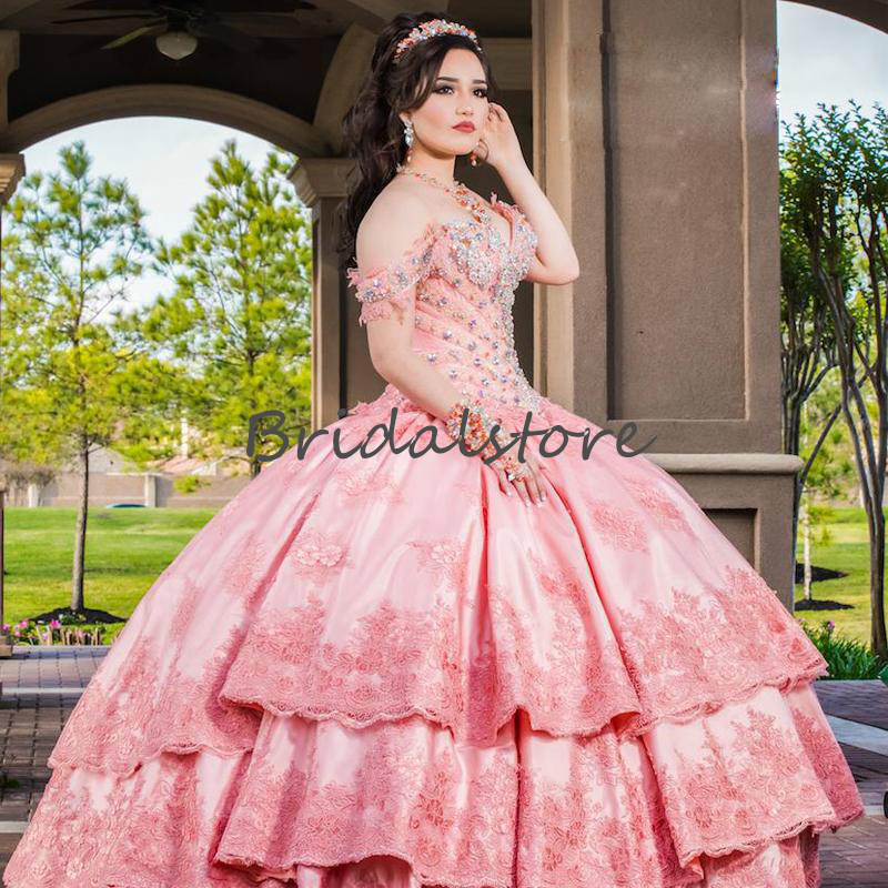 Luxury Coral Pink Quinceanera Dresses Mexican Off The Shoulder Rhinestone Beaded Pageant Formal Dress 2020 Princess Sweet 16 Dress For Prom