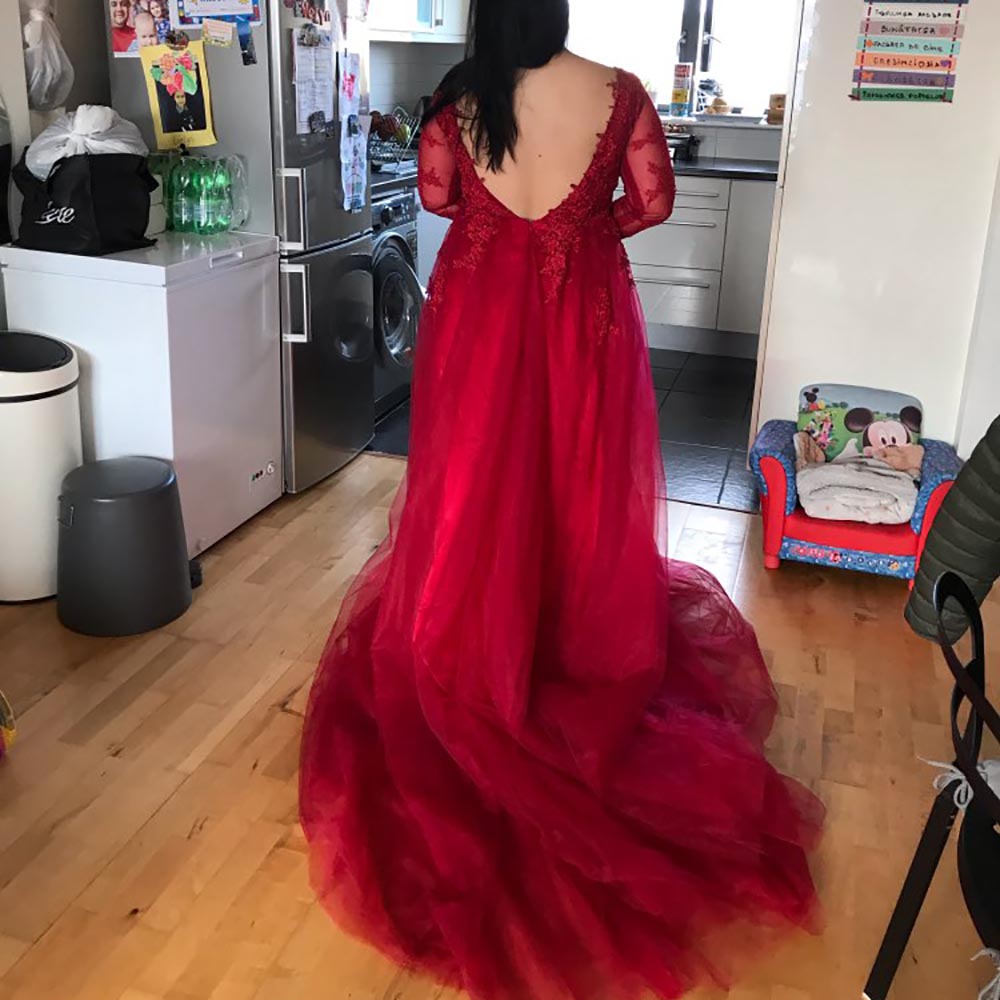 New Customize Design luxury Lace Appliques Illusion Slit Evening Dresses Open Back Formal Party Gown Long Sleeve Prom Dresses