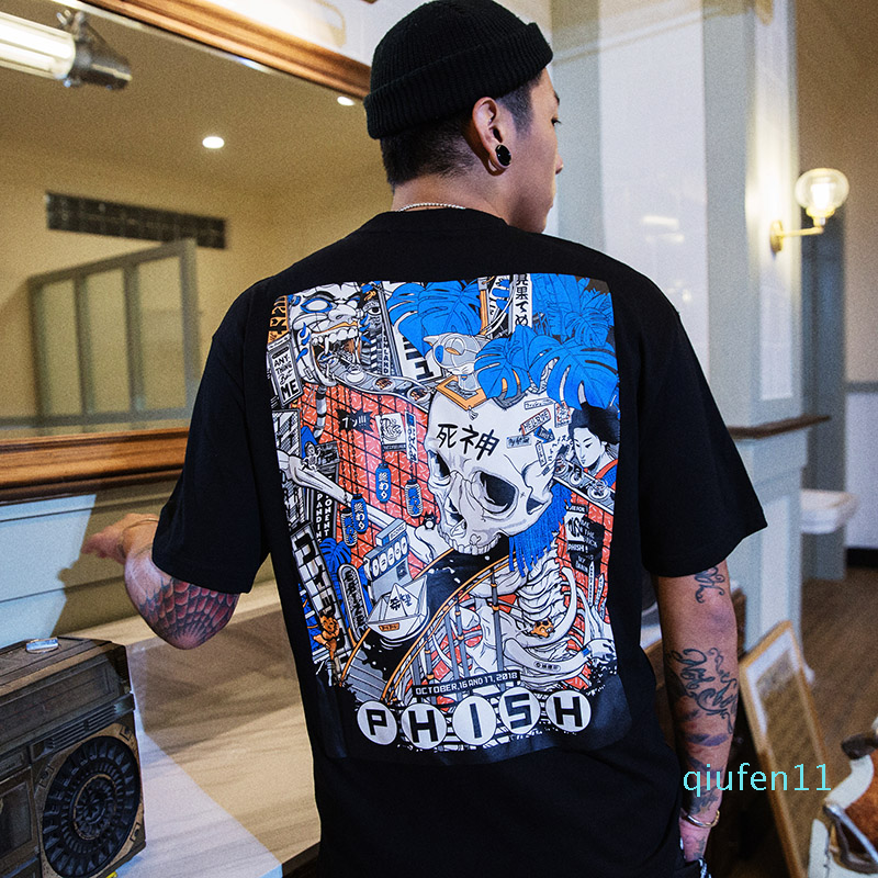 Hot sale-2019 Men Harajuku T Shirt Cartoon Skull Assembly Line T-Shirt Japanese Style Streetwear Oversized Tshirt Summer Tops Tees Cotton
