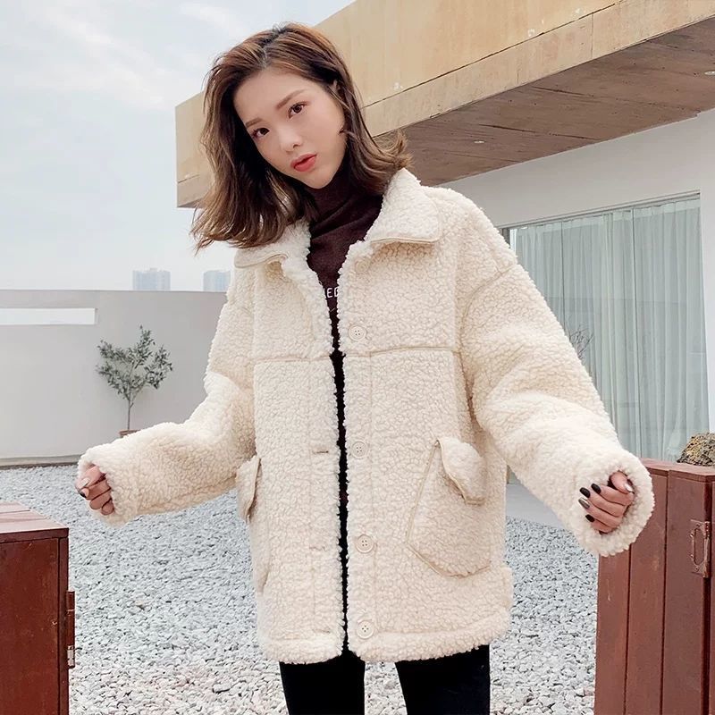 Women fur jacket thick warm faux cashmere two pockets furry jackets casual faux fur turndown collar female winter styled coat