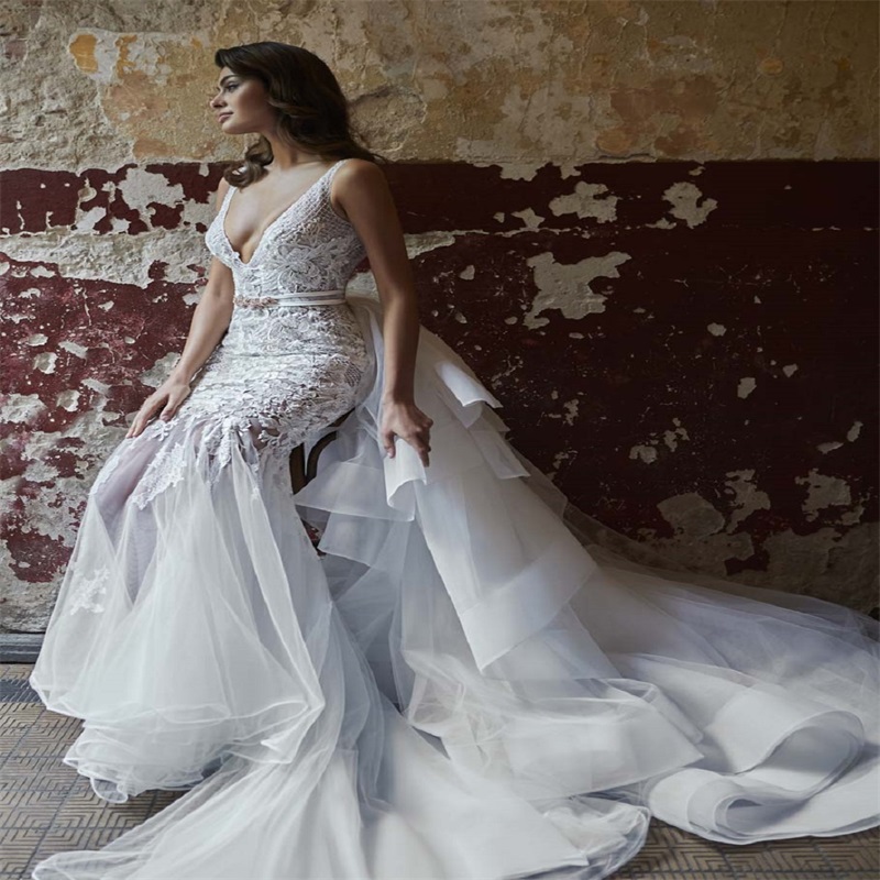 Sexy Mermaid Wedding Dresses With Detachable Train High V-neck Sleeveless Full Appliqued Lace Bridal Gowns Custom Made RobesDe Mariée