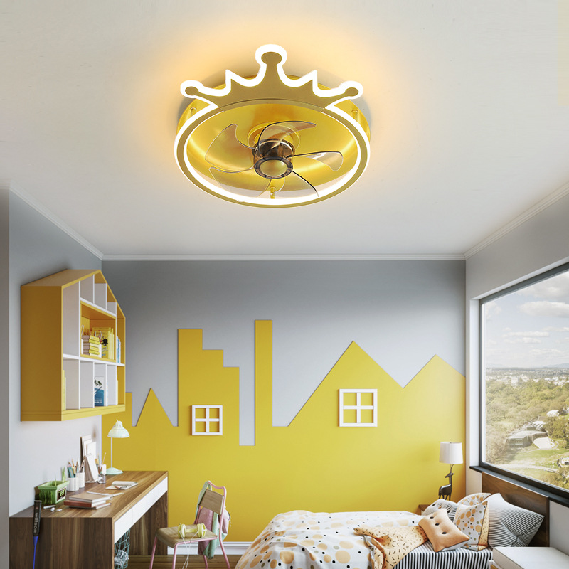 

Ceiling fan light ceiling integrated Nordic minimalist cartoon crown children's bedroom ultra-thin invisible silent fan light