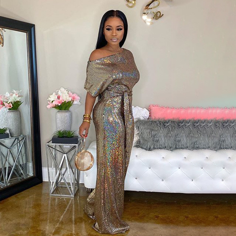 2020 fashion shiny party women's sequined jumpsuits sexy skew collar short sleeve rompers wide leg pants lace-up fashion overall Y200904