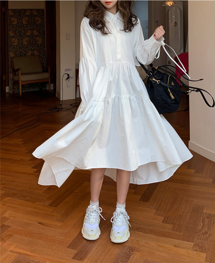 Women Dress Long Sleeve Spring Autumn Vintage Collar Lapel Button Up Ruched Ruffles Loose White Dress Female Clothes 200928