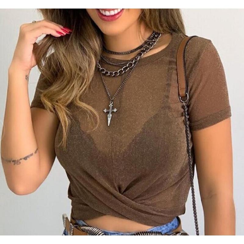 Women's T-Shirt Women Fashion Sexy O Neck Short Sleeve Vest Summer Transparent Tank Tops Tshirt