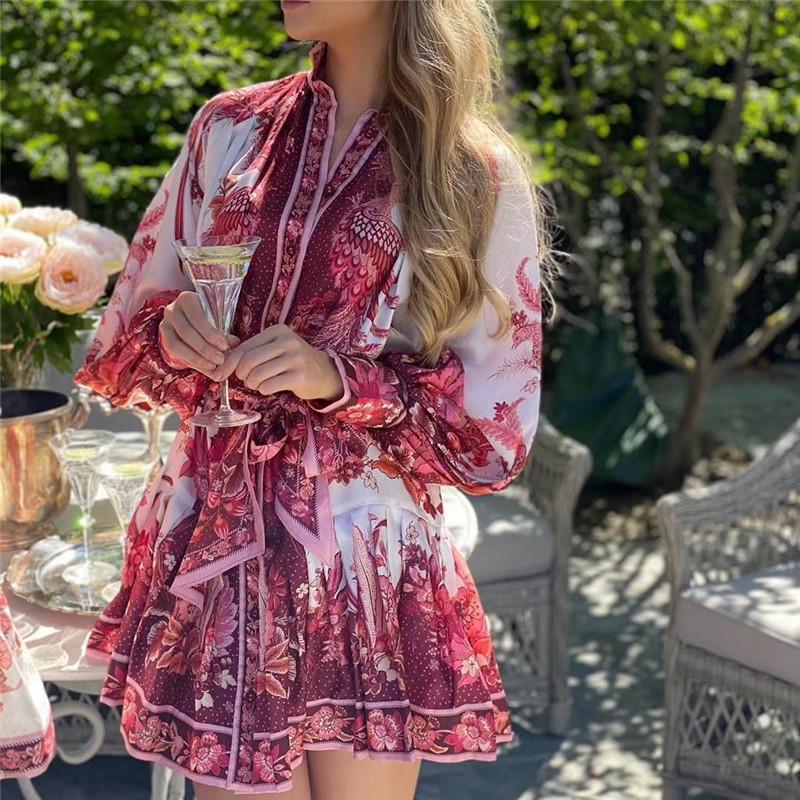 2020 early autumn red print single-row buckle belt lady Lantern Sleeve dress fashion show big brand debutante wind от DHgate WW