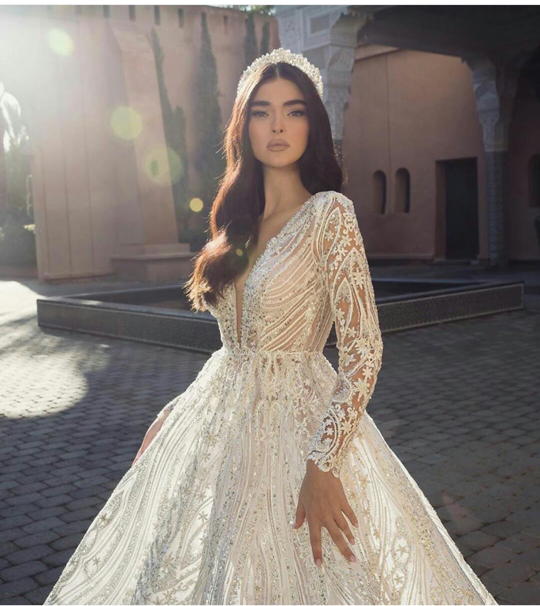 Saab Country Elie Wedding Dresses Long Sleeve V Neck Lace Appliqued Beads Beach Bridal Gowns Robe De Mariee