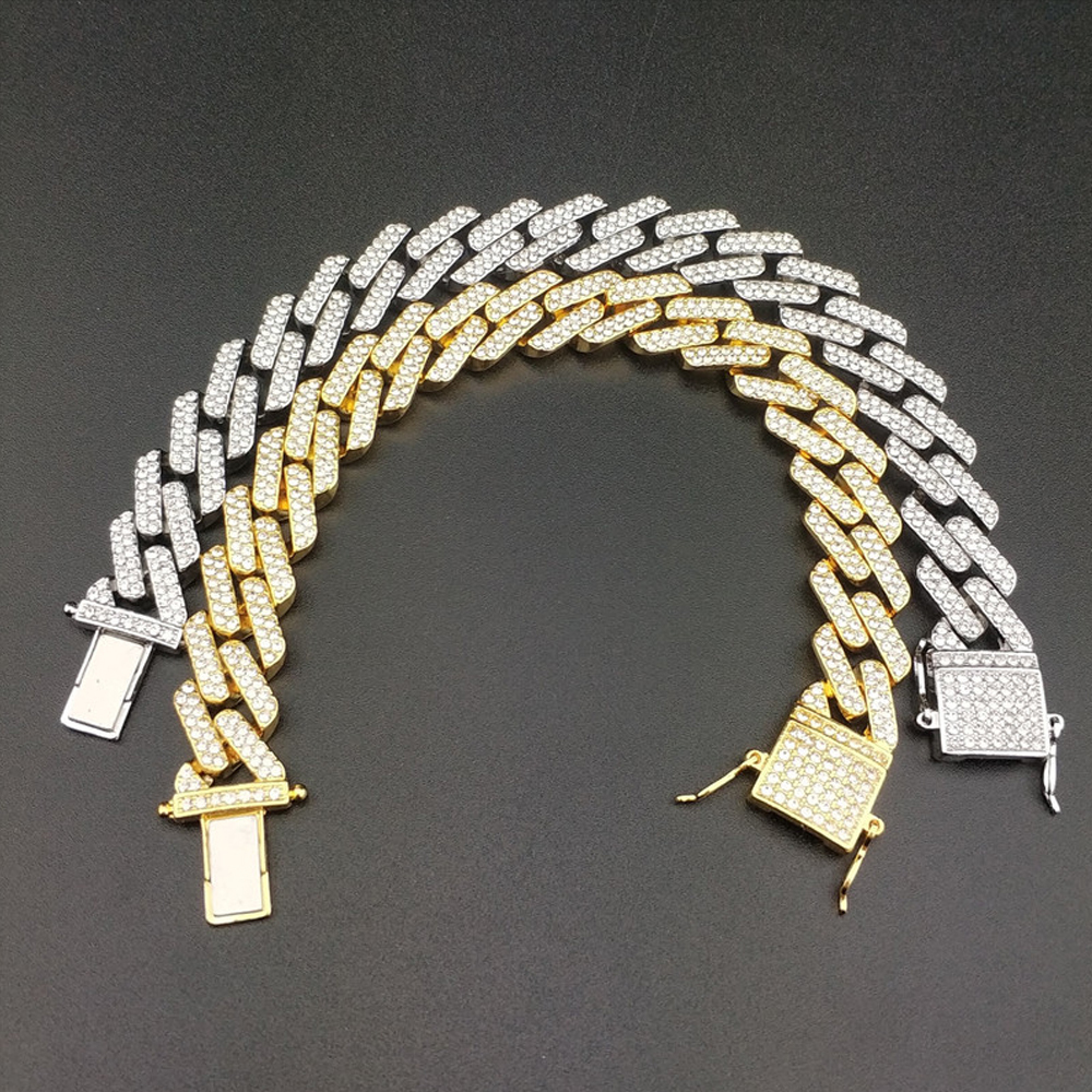 Iced Out 15mm Miami Cuban Link Chain 8"16"18"20"24" Custom Necklace Bracelet Rhinestone Bling Hip Hop For Men Jewelry Necklac