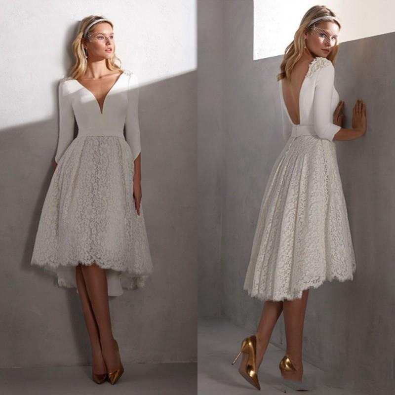 2020 New vestidos de novia Backless V-neck lace satin applique 3/4 sleeves high low wedding dress Tea Length robes de mariag, White
2020 New vestidos de novia Backless V-neck lace satin applique 3/4 sleeves high low wedding dress Tea Length robes de mariag, White