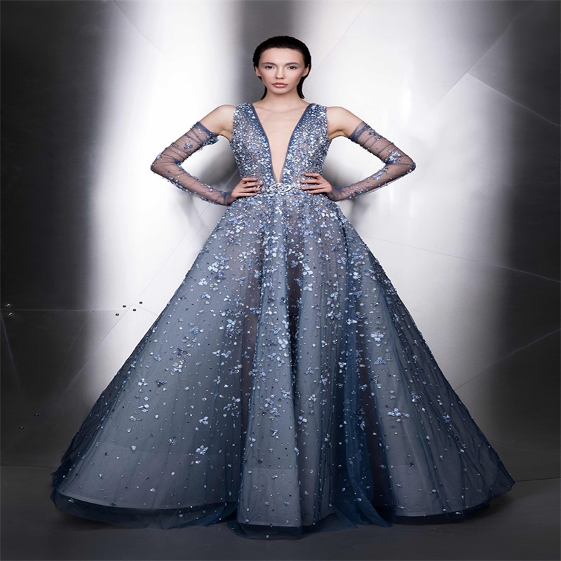 gorgeous ziad nakad evening dress with detachable sleeves appliqued lace prom dress hot sale sexy vneck custom made runway fashion dress