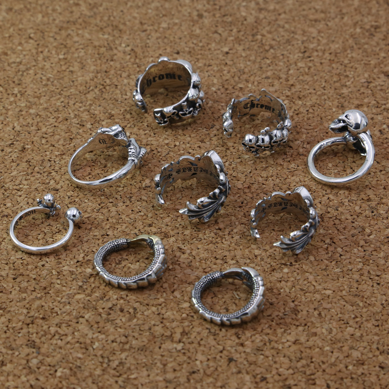 vintage style 925 sterling silver handmade designer jewelry American European antique silver punk crosses skull adjustable rings men women