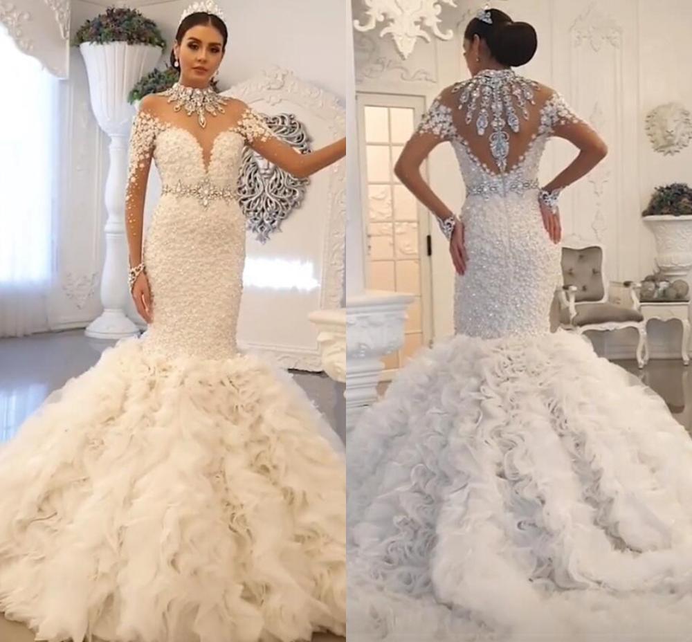 Luxury Crystal Mermaid Wedding Dresses Plus Size Long Sleeve Ruffles Bridal Gowns Beaded Wedding Dress robes de mariée