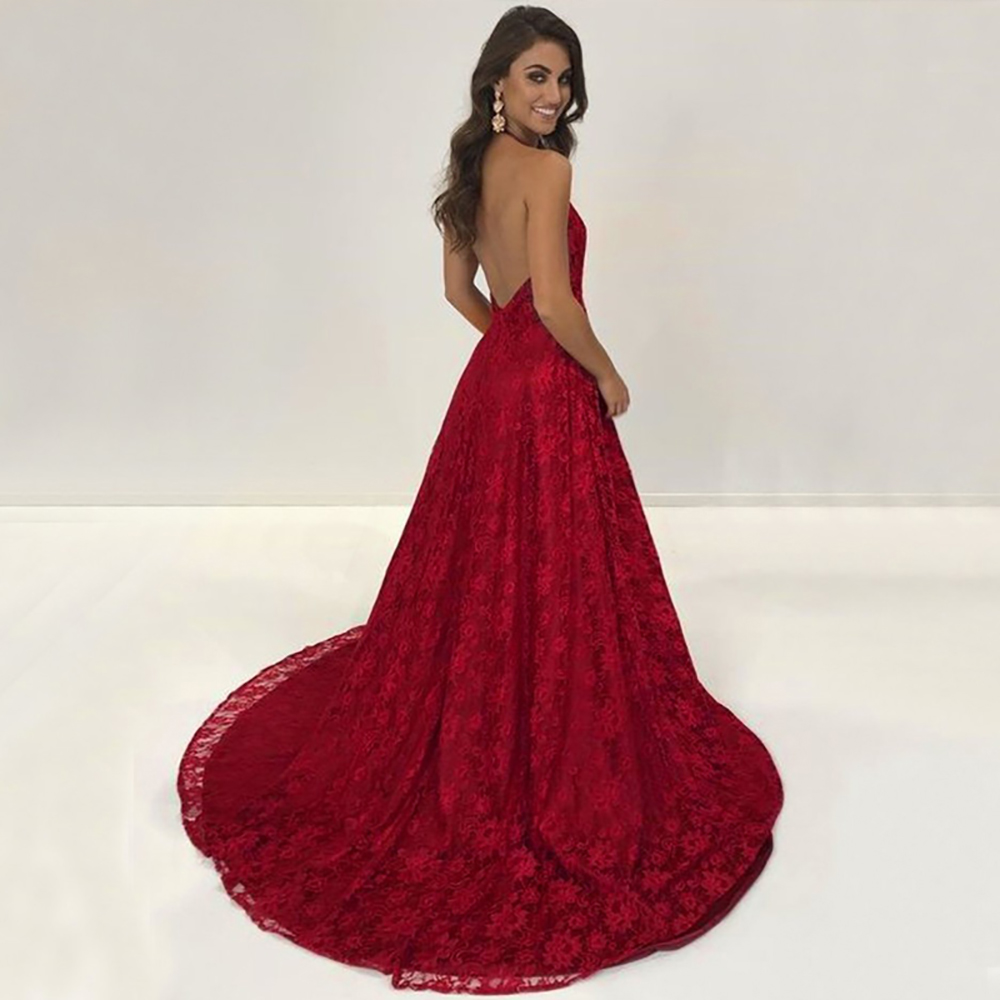 New Burgundy Evening Dress Lace High Split Backless Halter A Line Long Formal Dresses High Quality Cheap Evening Gown Gowns