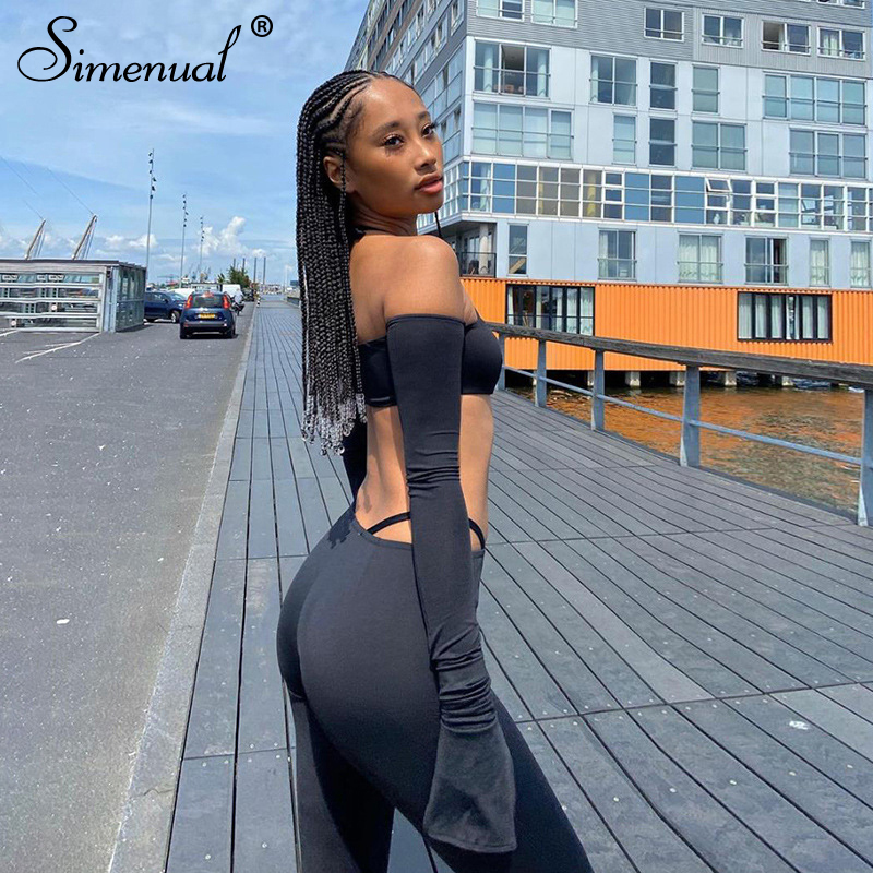 Simenual Sexy Bodycon Biker Shorts Two Piece Set Women Long Sleeve Halter Off Shoulder Outfits Party Clubwear Slim Matching Sets T200808