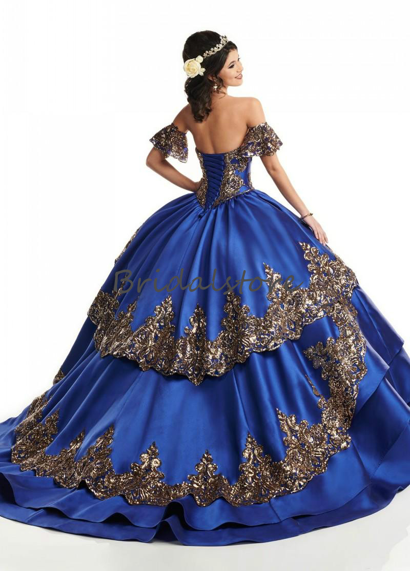Ragazza Royal Blue Quinceanera Dresses Princess Gold Appliques Short Sleeves Tiered Satin Sweet 16 Dress Elegant Lace Up Prom Pageant Dress