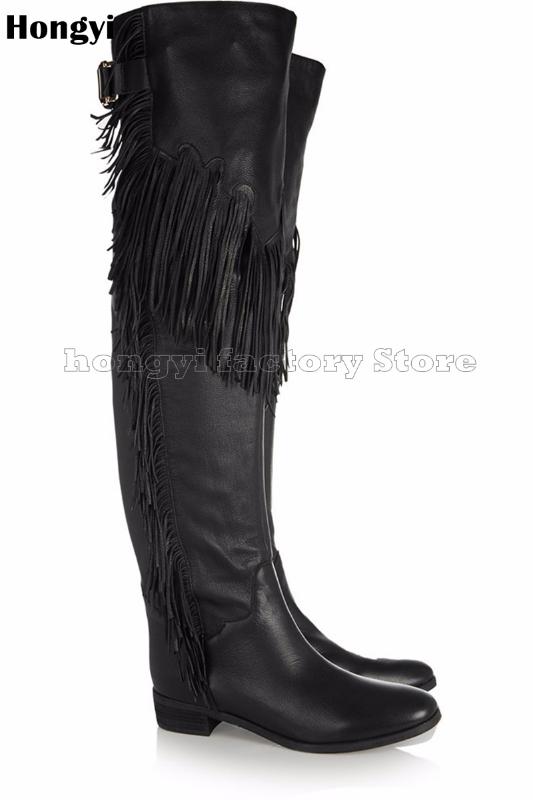 Fashion Winer Black PU Leather Back Buckle Tassel Fringe Low Heeled Boots Women Round Toe Thigh High Long Boot, As showed color
Fashion Winer Black PU Leather Back Buckle Tassel Fringe Low Heeled Boots Women Round Toe Thigh High Long Boot, As showed color