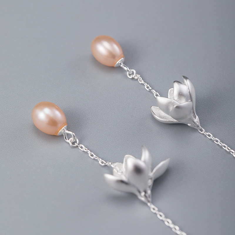 100% 925 Sterling Silver Long Chain Tassel Flower Earrings Female Natural Freshwater Pearl Dangle Drop Earring For Women