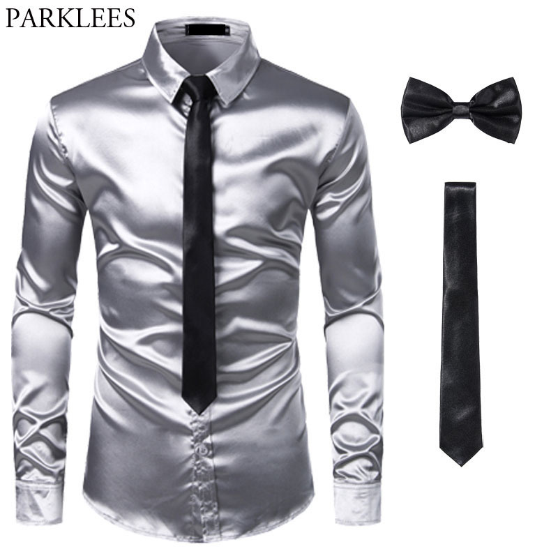 Black Mens Silk Dress Shirts 3Pcs(Shirt +Tie+Bowtie) Smooth Satin Shirt Men Slim Fit Party Prom Casual Shirts Men Social Camisa 200925