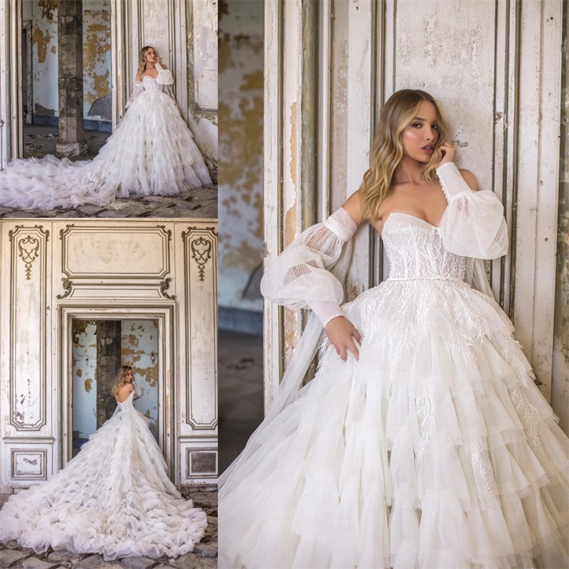newest puffy wedding dresses with detachable sleeve sweetheart backless tiered appliques lace wedding gown sweep train robes de marie