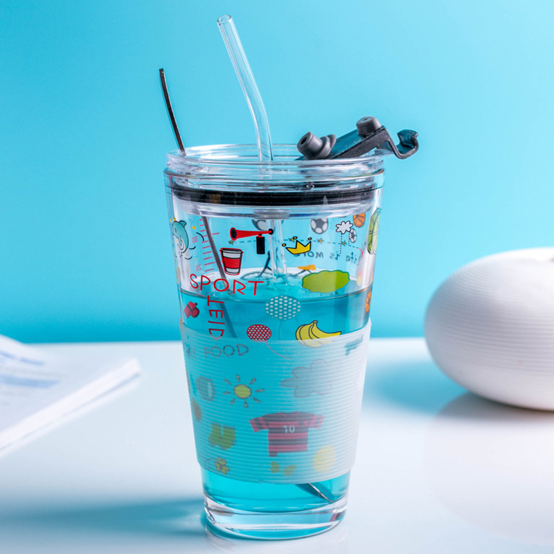 New 15oz Scale Glass Mug Oat Cartoon Print Drinking Cups Water Cup Milk Breakfast Cup Large Capacity Heat Resistant Scale Glass Mug