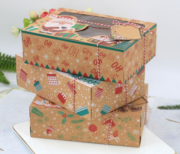 24 pcs New Kraft Paper Box Kraft Paper Large Christmas Candy Box PVC Window Biscuit Gingerbread Christmas Decorations
