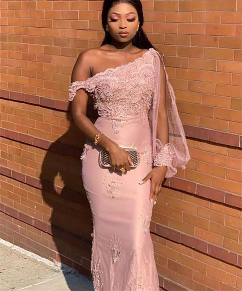 Pink Appliques One-Shoulder Mermaid Evening Dress Elegant Formal Dress Long Sleeves Prom Dress Lace Party Gowns vintage