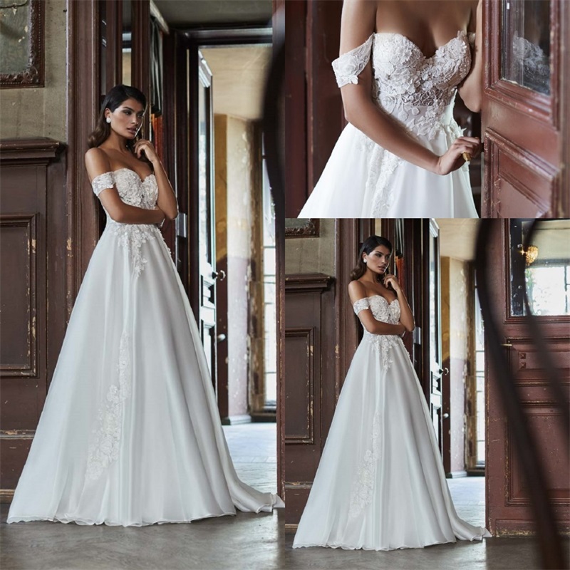 Boho A Line Wedding Dresses Off Shoulder Sleeveless Applique Lace Ruched Satin Bridal Gowns Elegant Sweep Train Vestido De Novia