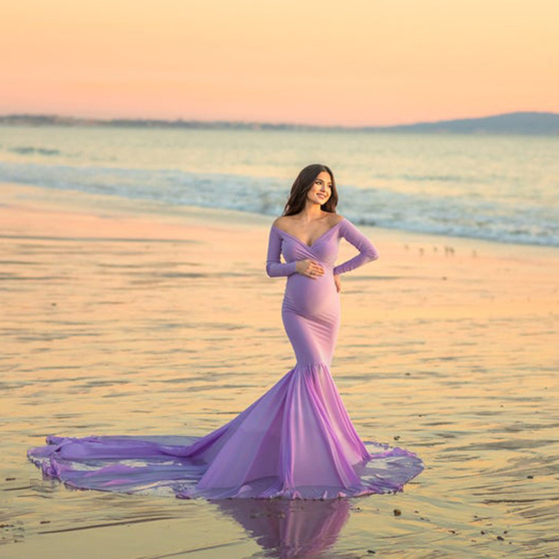 Women Off Shoulder Maternity Slim Cross-Front V Neck Long Sleeve Gown for Photo Shoot Elegant Pregnancy Dress Photography