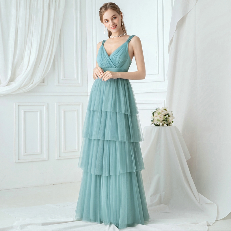 Elegant Turquoise Bridesmaid Dresses Layers A-Line Evening Dress V-Neck Ruched Spaghetti Straps Tulle Wedding Party Gowns