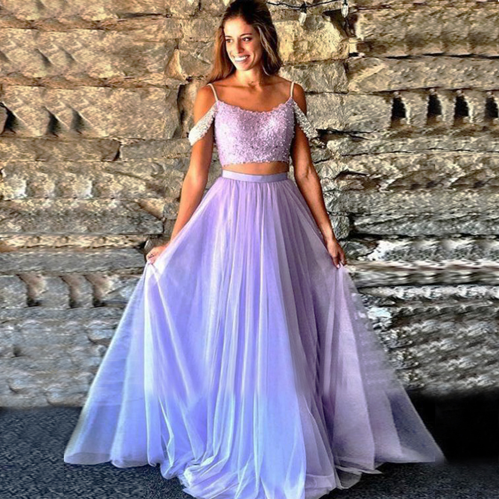 Side Sleeves Lace Beade Two Pieces Prom Dresses vestidos de graduación Lavender Formal Evening Dress Plus Size Tulle Prom Gown