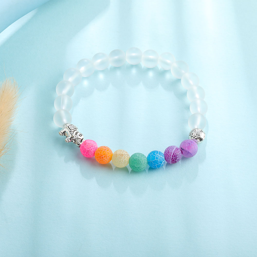 Men Women Elephant Charms 7 Chakra Bracelet Clear White Agate Colorful Wind Fossils Bead Bracelet Jewelry