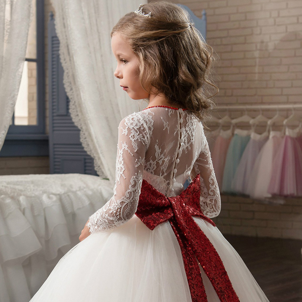 Cute Puffy Tulle Lace Flower Girl Dresses For Weddings Long Sleeves Sequin Bow Sash Ball Gowns Birthday Party Dresses Kids Formal Wear